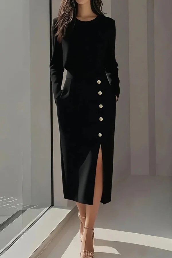 Women's Long Sleeve Crew Neck Side Slit Buttoned Midi Imported Crepe Dress