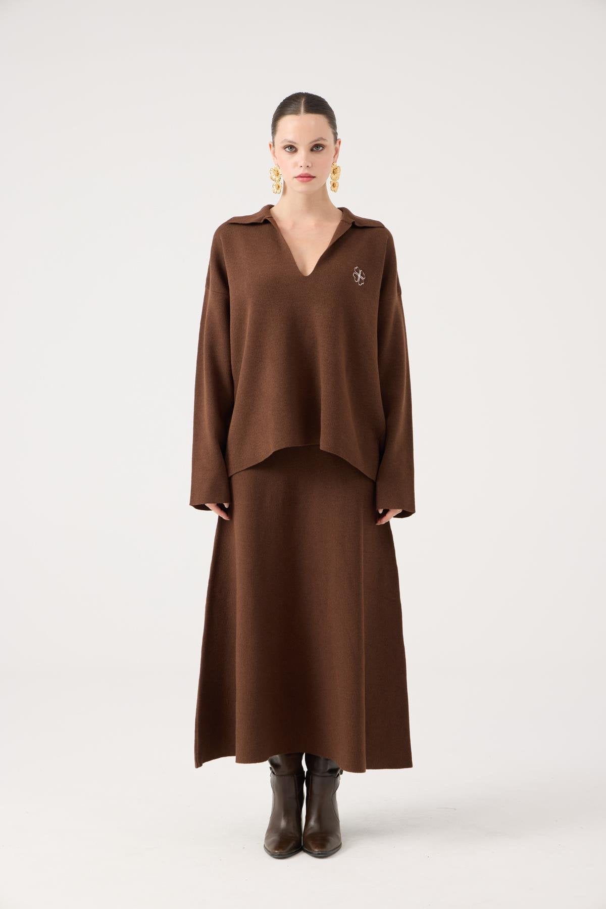 Oversize Kesim Polo Yaka Zoi Triko Kazak Kahve