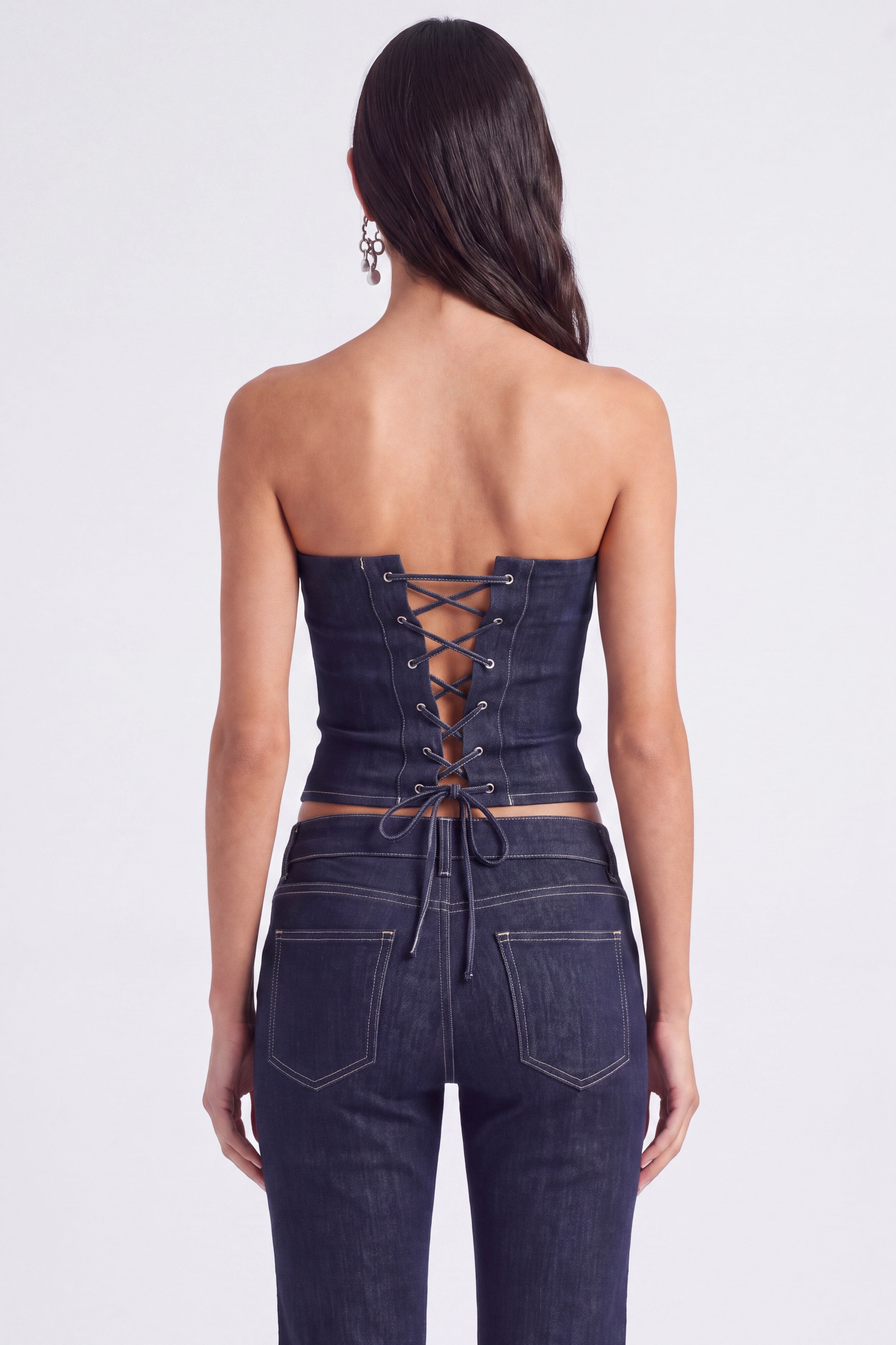 Çiçek Detaylı Straplez Kesim Clover Jean Büstiyer Lacivert