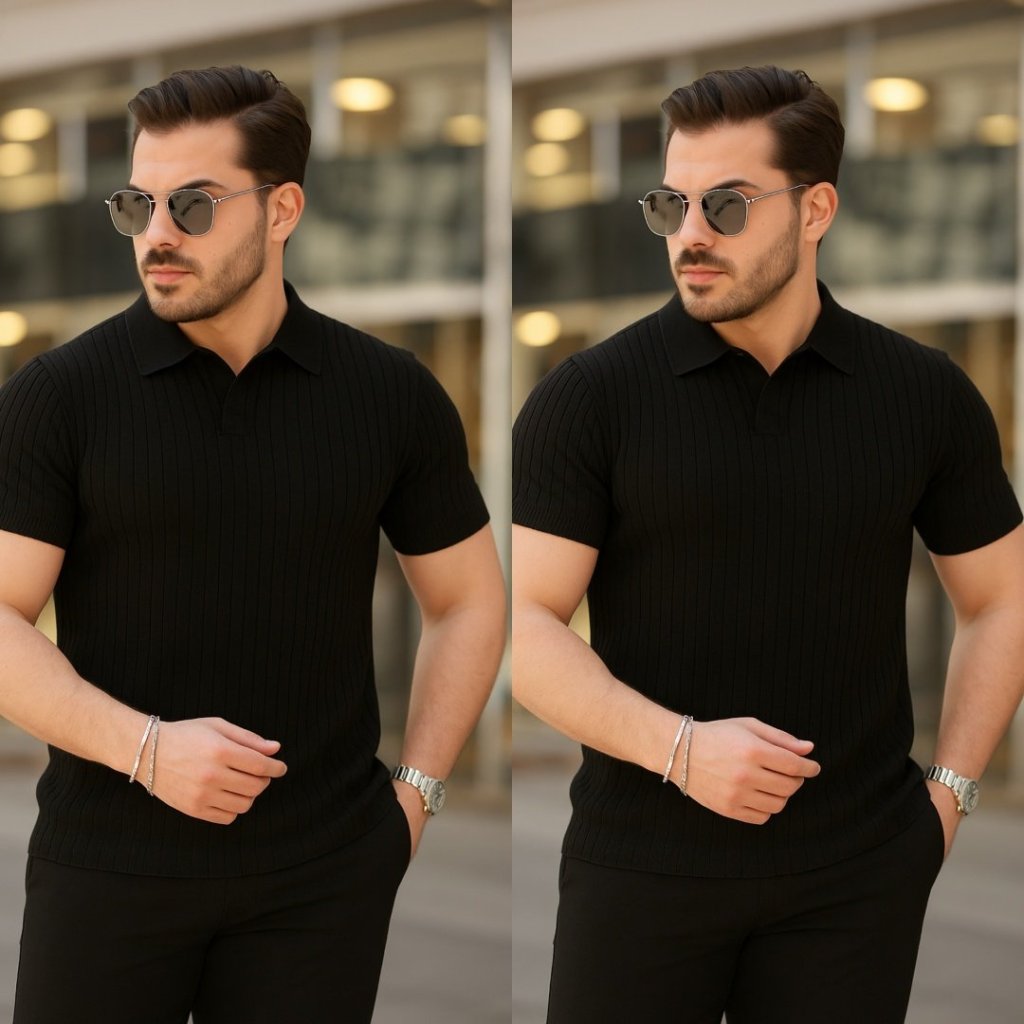 Erkek Kısa Kollu Yakalı çizgi Desenli Triko Bluz