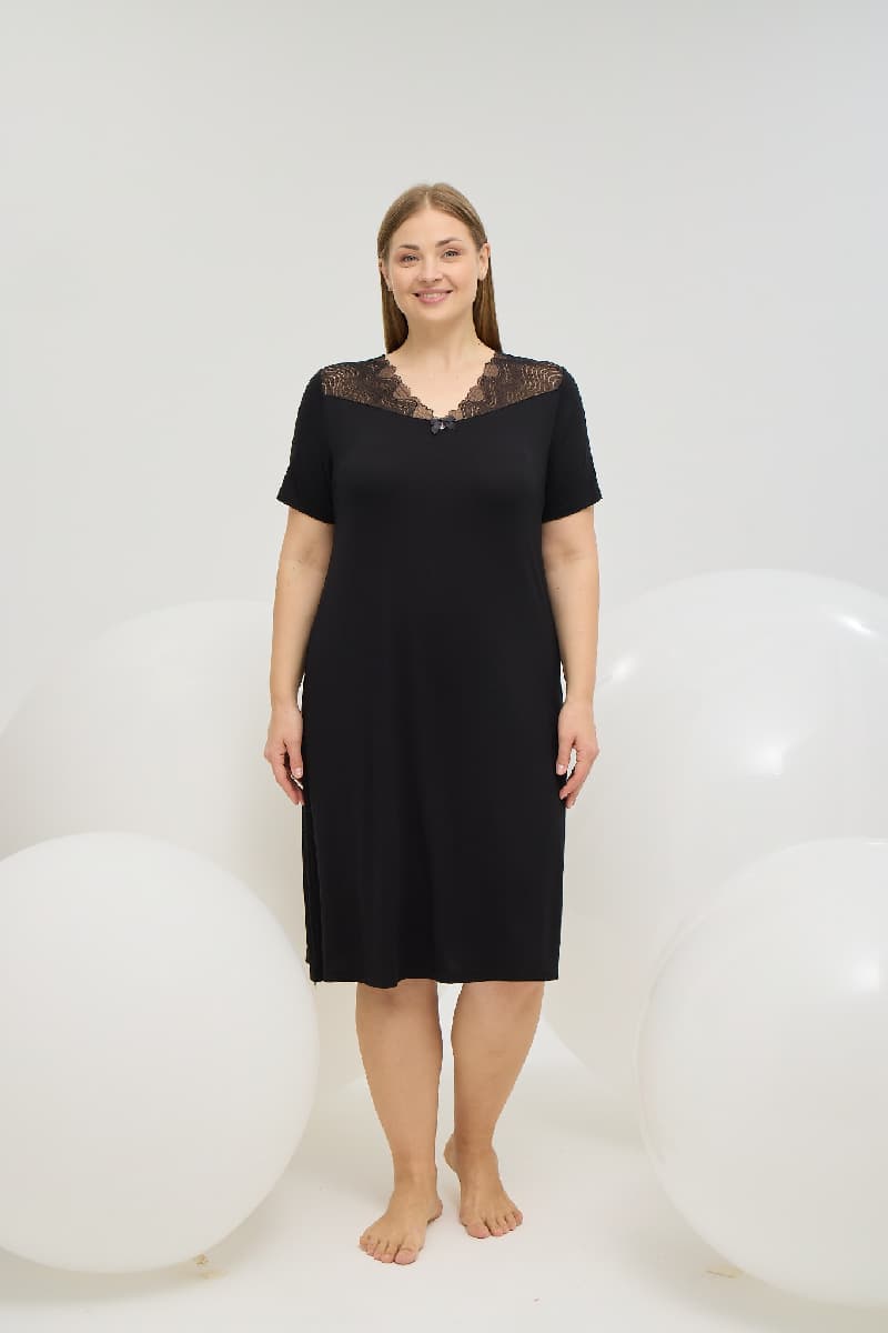 16772 Kadın V Yaka Dantel Detaylı Big Size Gecelik