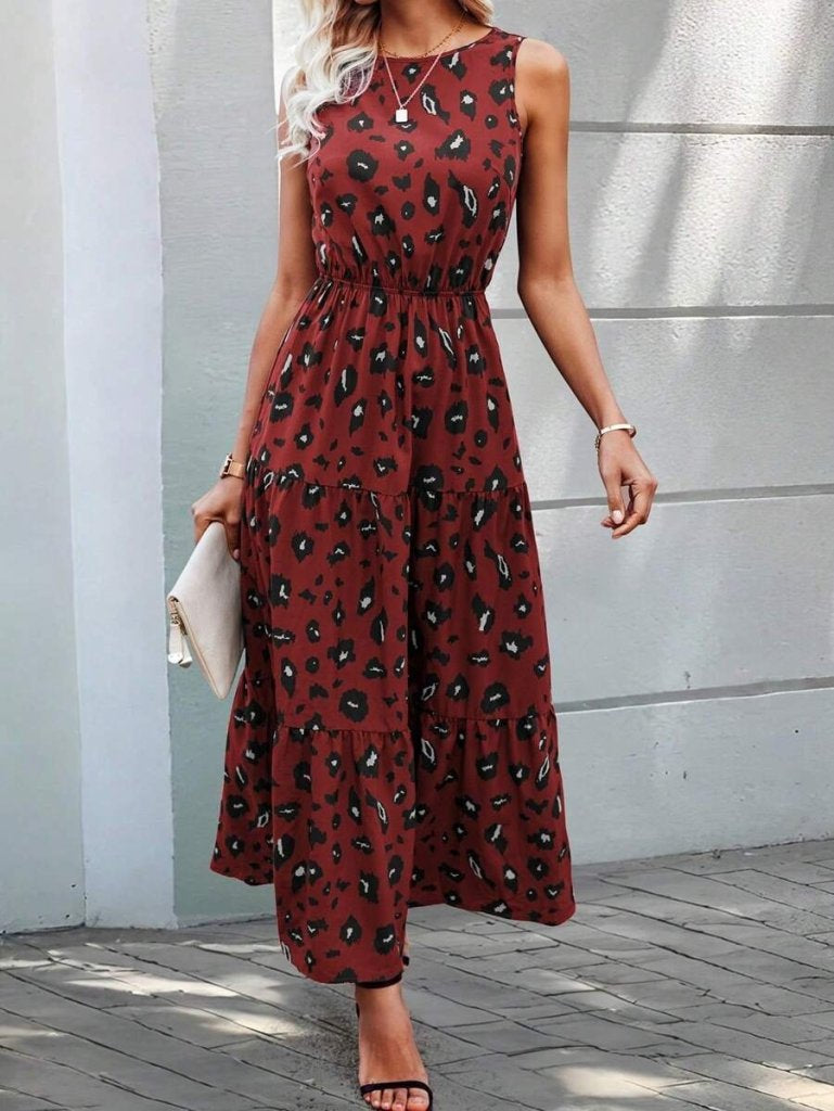 Women's Sleeveless Crew-Neck Patterned Single-Jersey Dress with Elasticated Waist