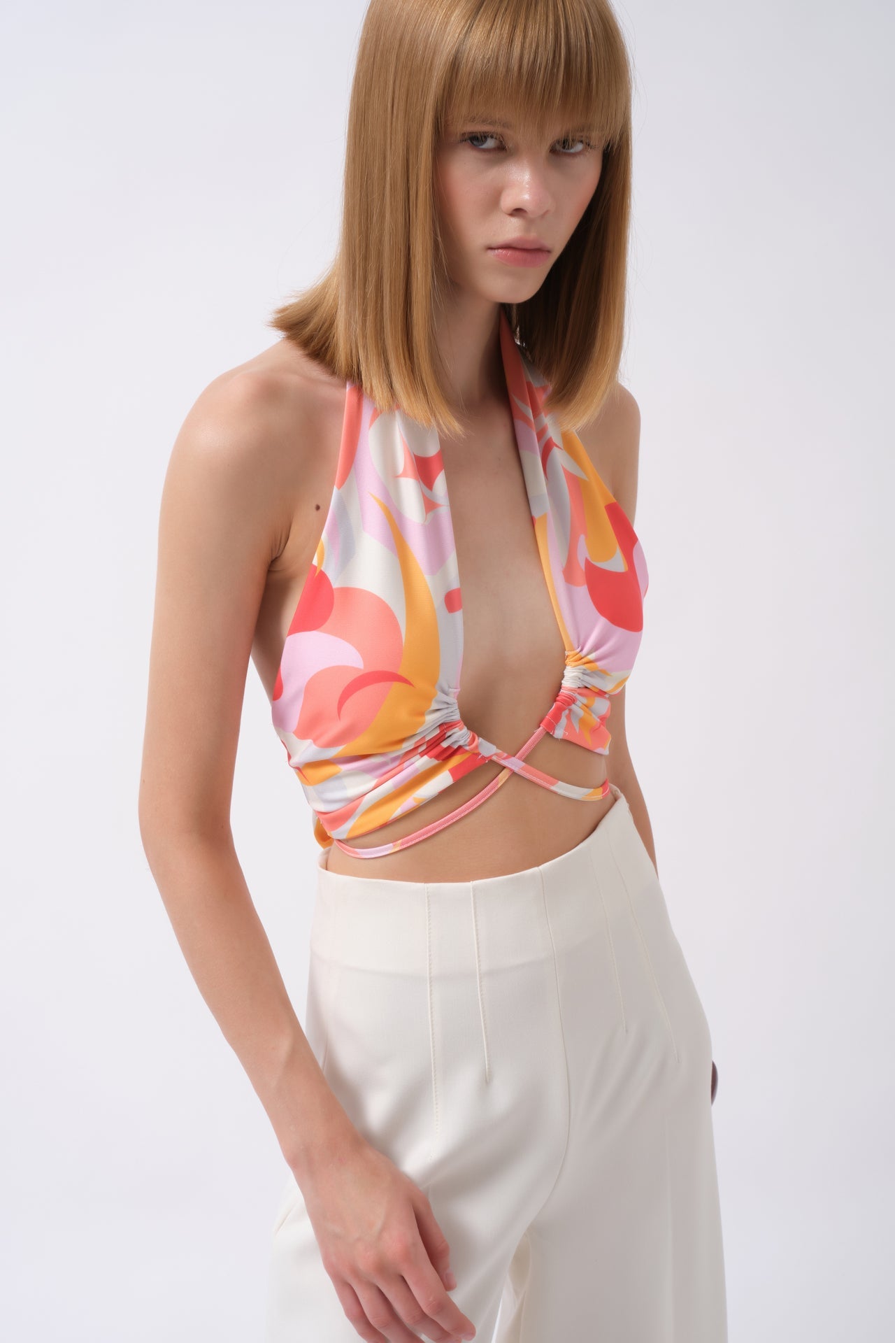Bağlamalı Büzgü Detay Pembe Crop Bluz