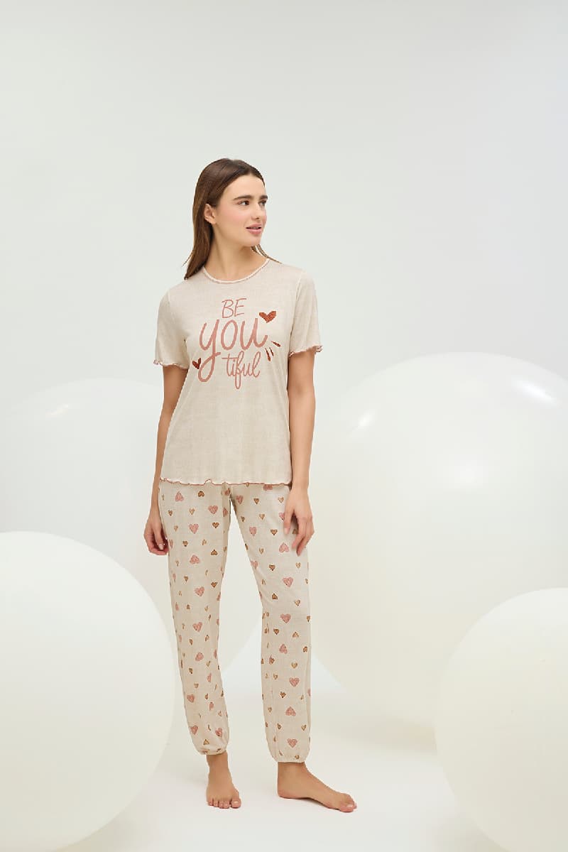 16777 Kadın Bisiklet Yaka Baskılı Pijama Takım