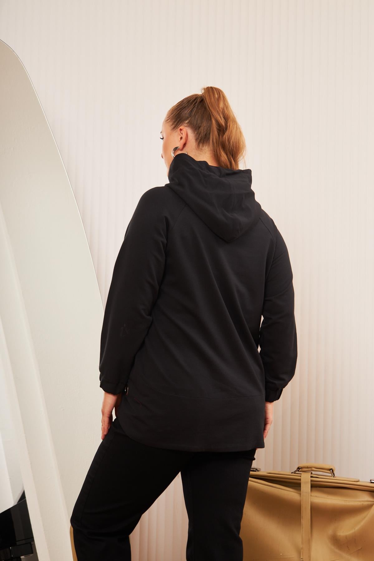 Büyük Beden Süslemeli Bağcıklı Kordon Sweatshirt Siyah