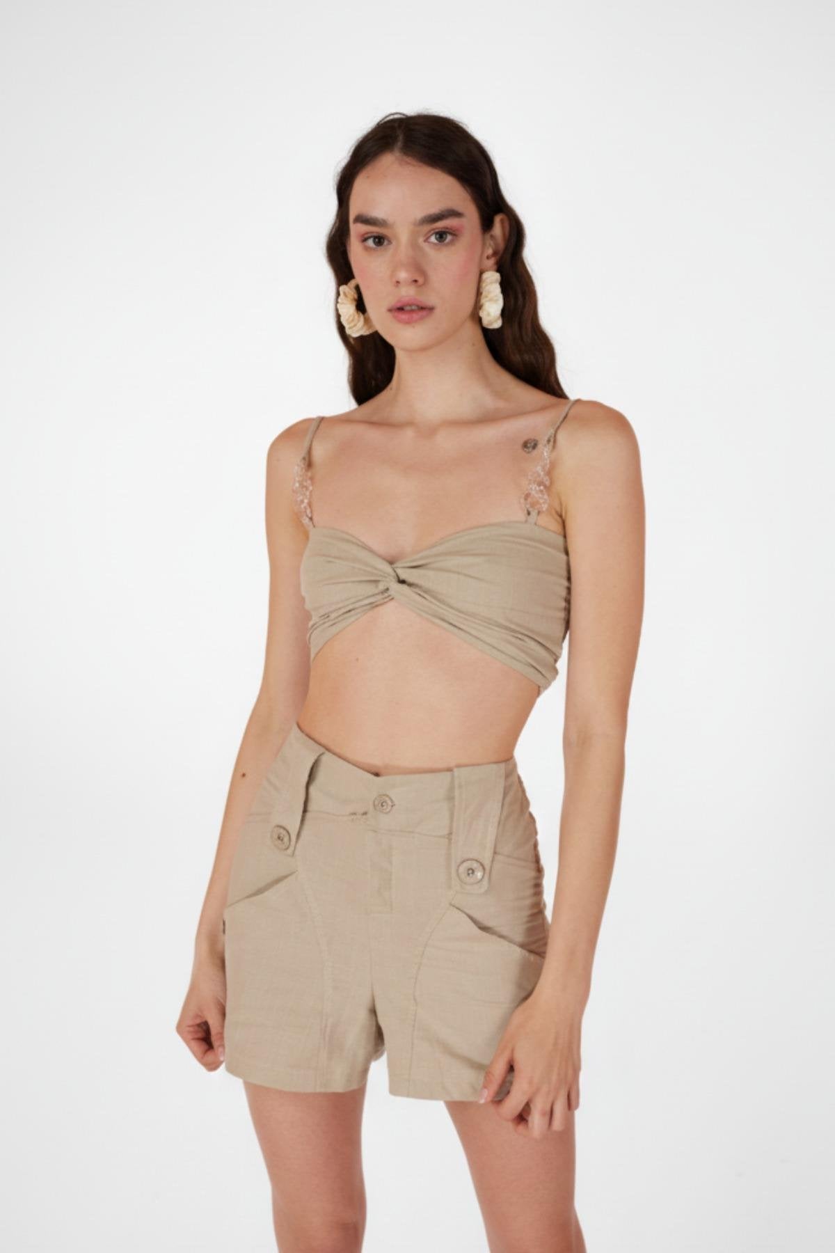 Koton Kumaş Astarlı Mini Rise Şort Bej