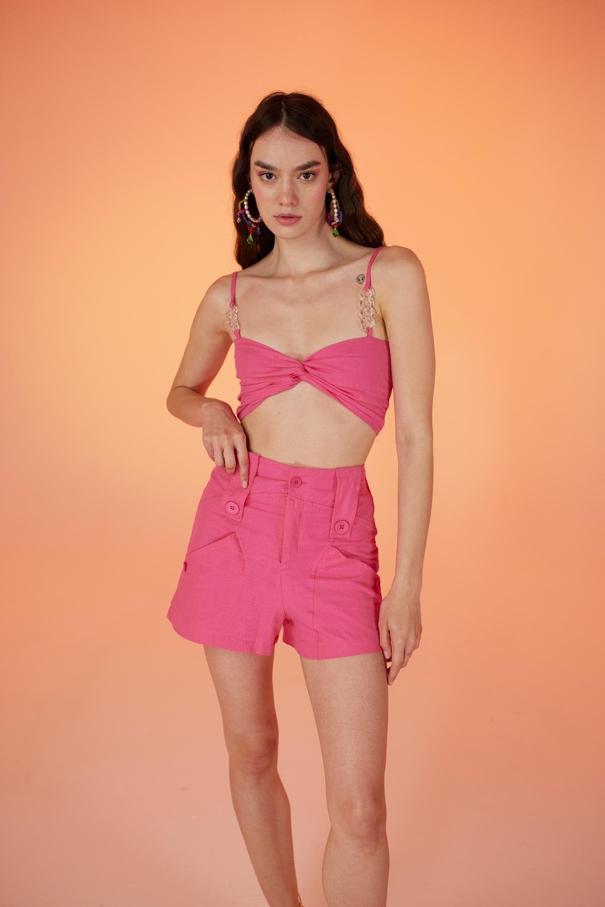 Koton Kumaş Şeffaf Rise Zincir Detaylı Bluz Pembe Pembe L