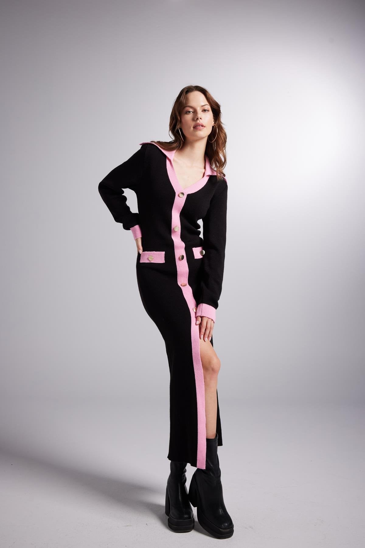 Düğme Detaylı Elias Triko Elbise Siyah