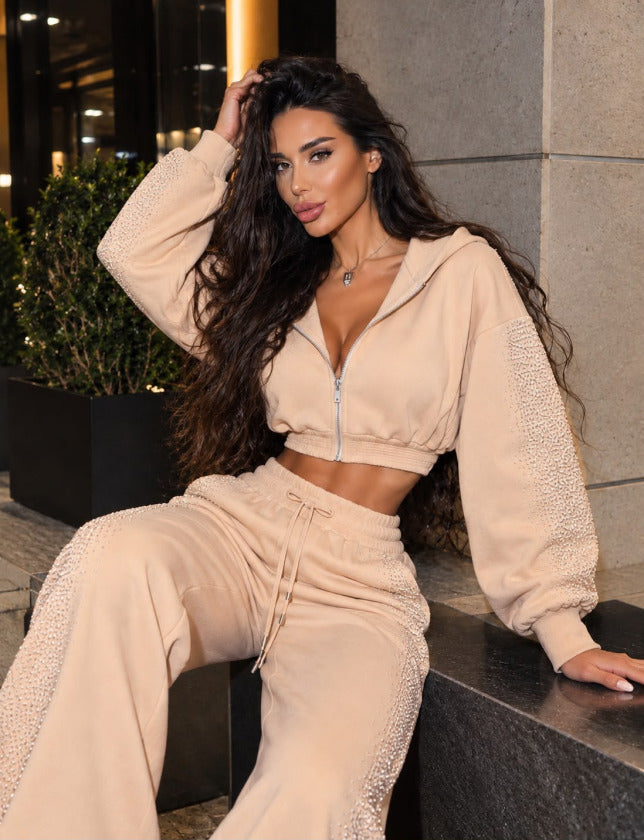 Kadın Taş Baskı Detaylı Fermuarlı Crop Sweatshirt Ve Geniş Paça Eşofman Takımı