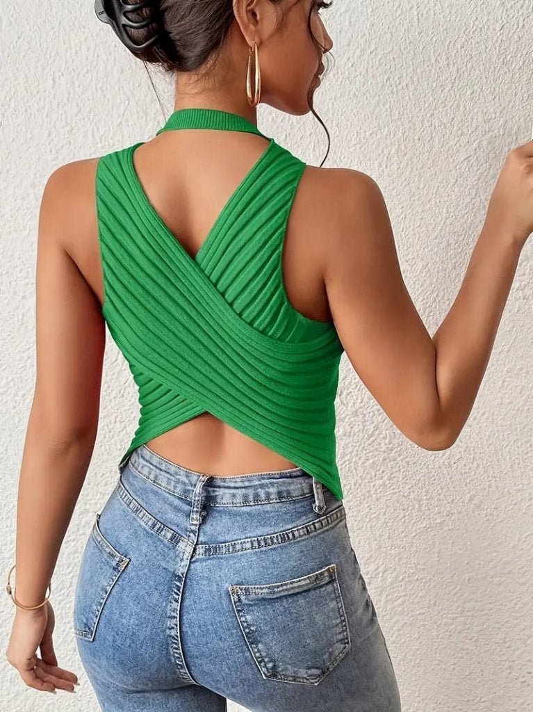 Kadın Sıfır Kol Sırt çapraz Detay Triko Bluz, 35776