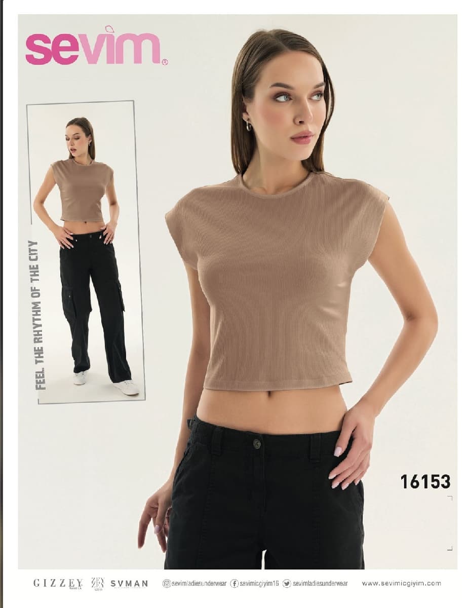 16153 KADIN Fitilli Düşük Kol T-shırt