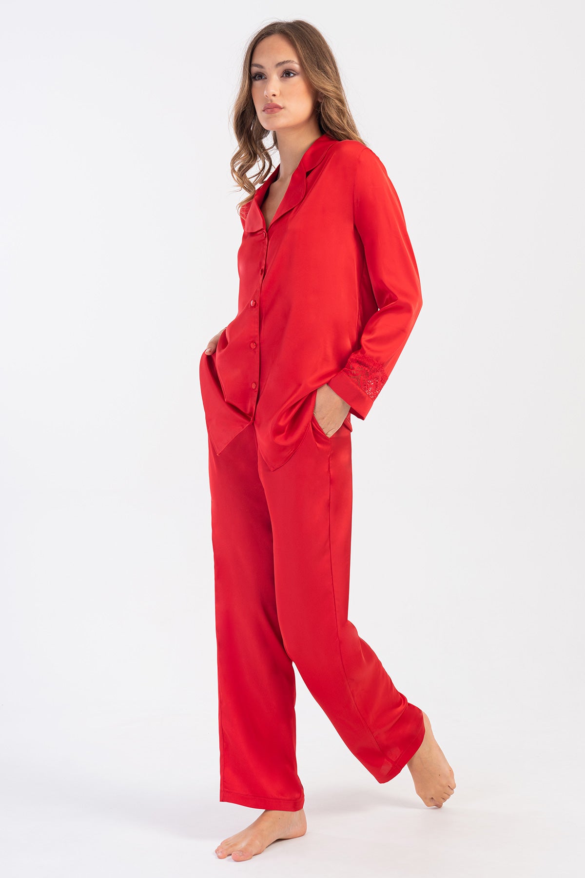 Woman Satin Exclusive Red Long Sleeve Pyjama Set