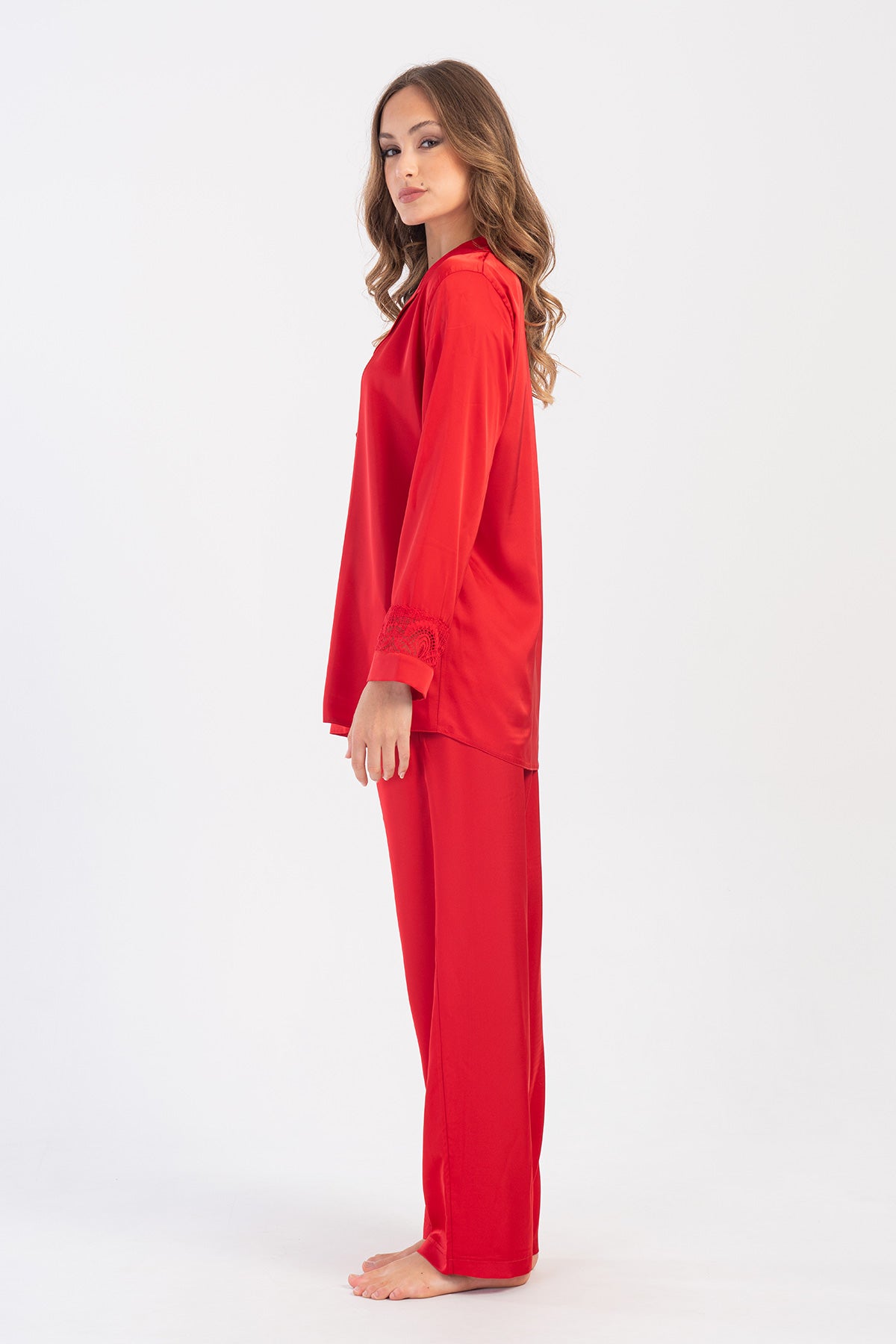 Woman Satin Exclusive Red Long Sleeve Pyjama Set