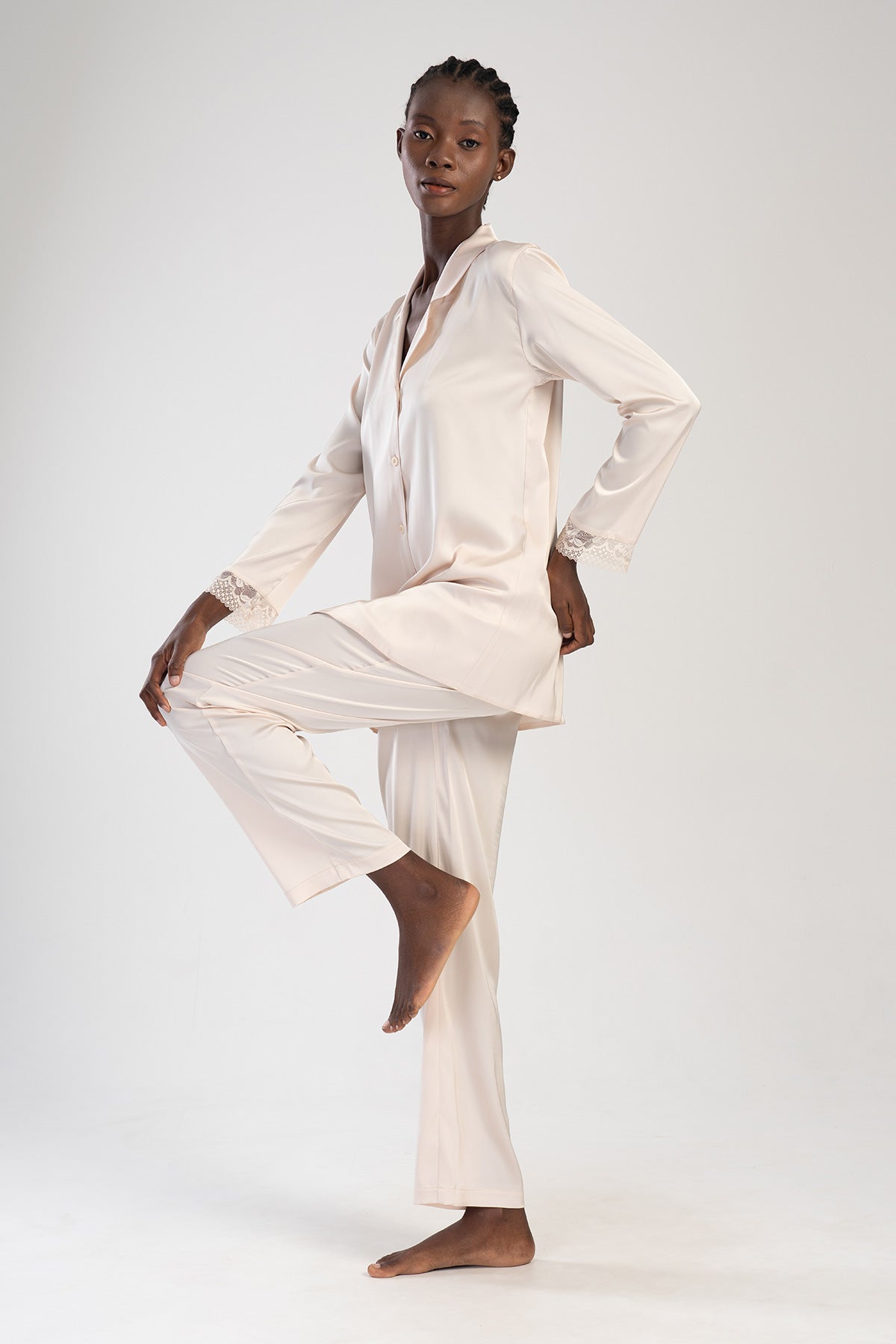Woman Beige Satin Pyjama Set