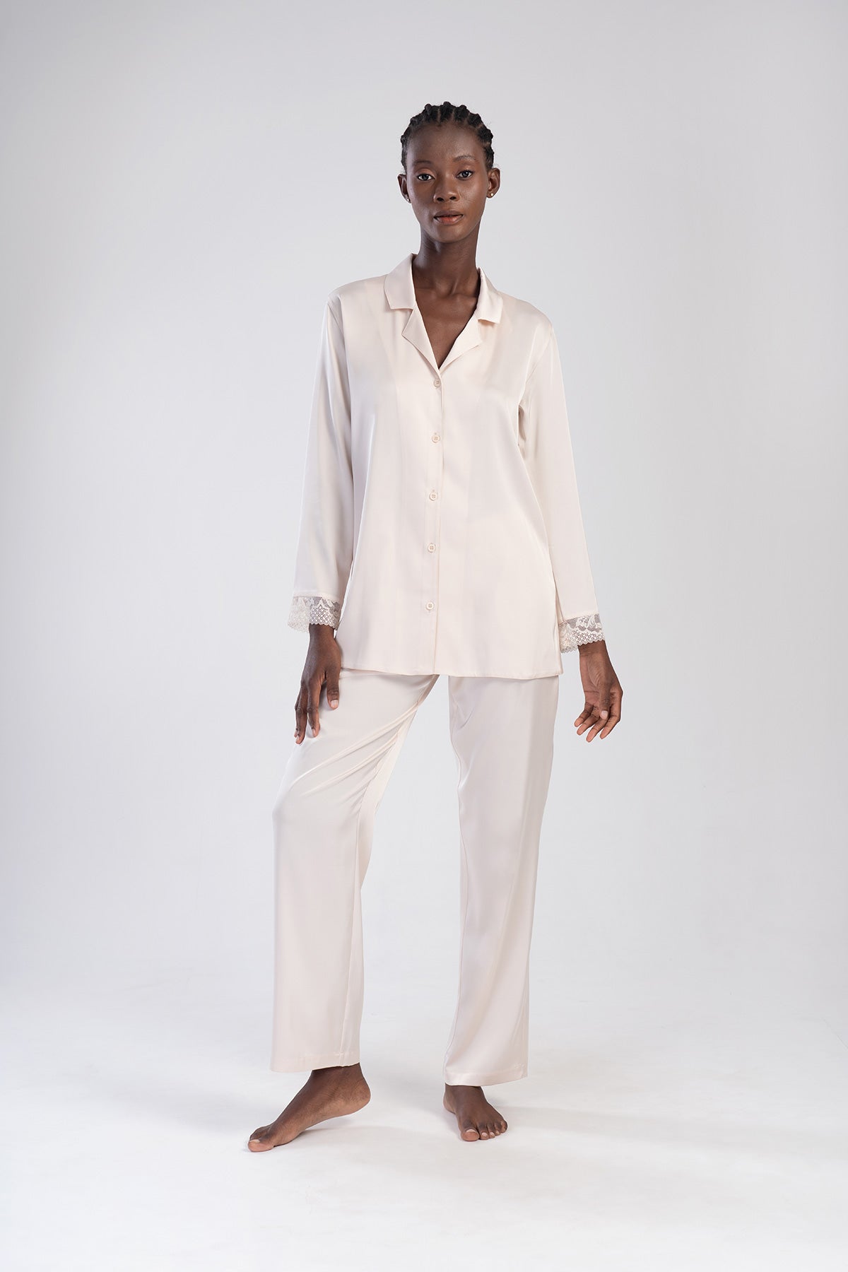 Woman Beige Satin Pyjama Set