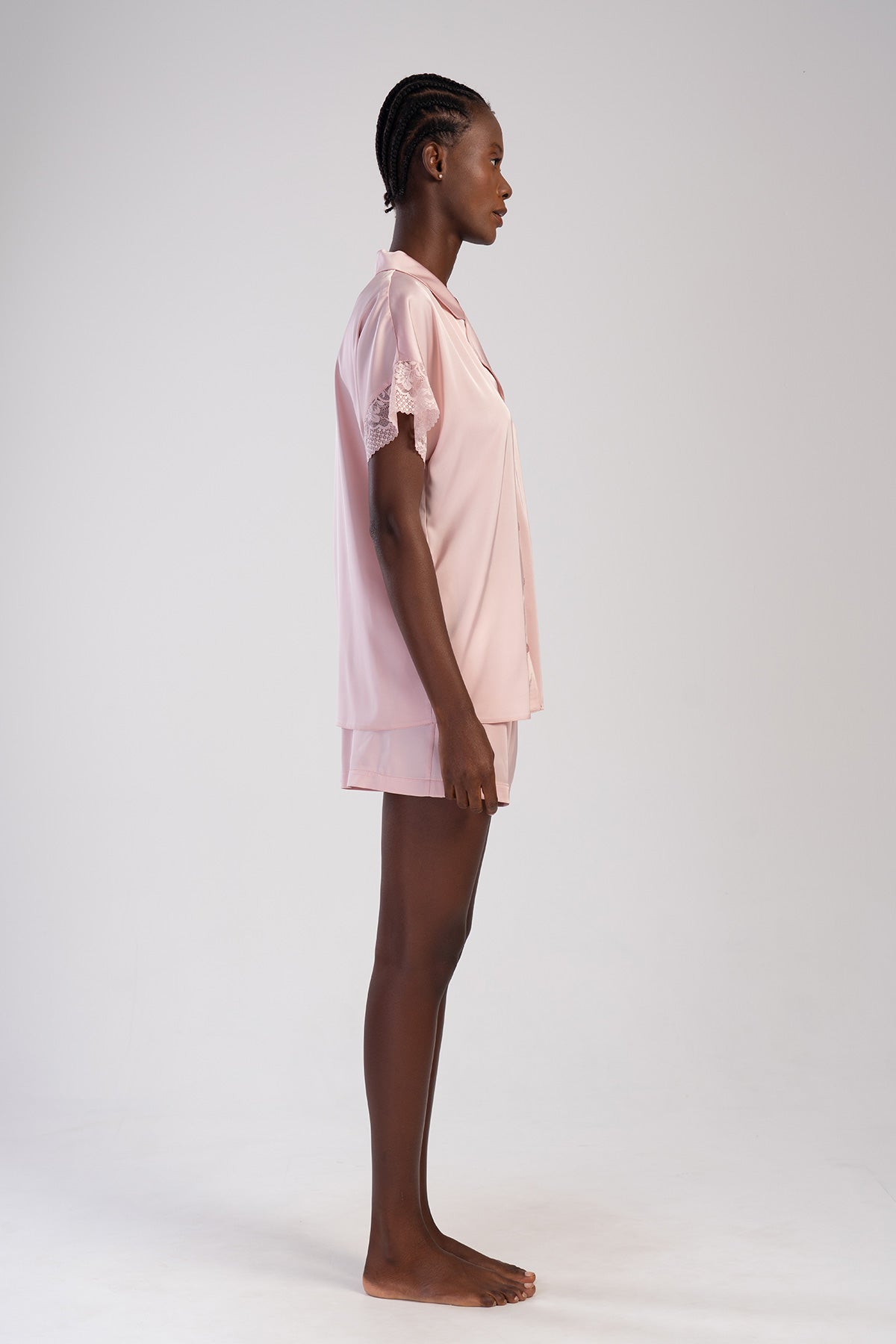 Woman Powder Pink Satin Buttoned Short Set