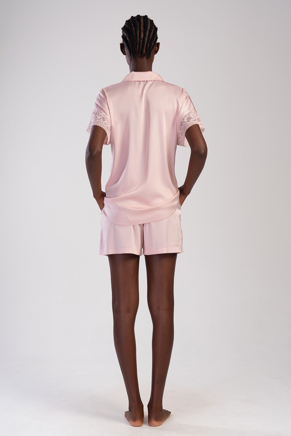 Woman Powder Pink Satin Buttoned Short Set