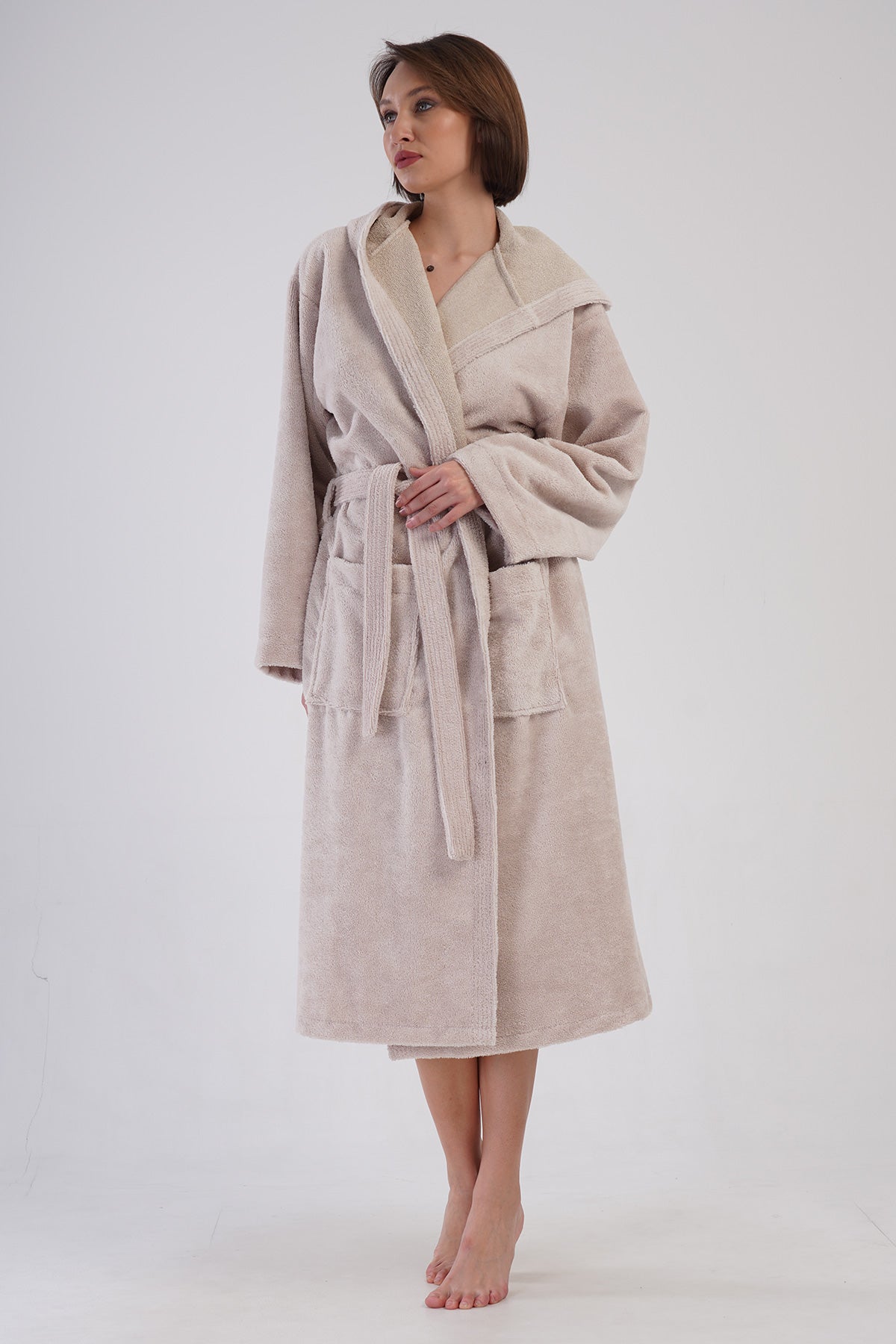 Woman Bukle Cream Hoodie Detail Bathrobe