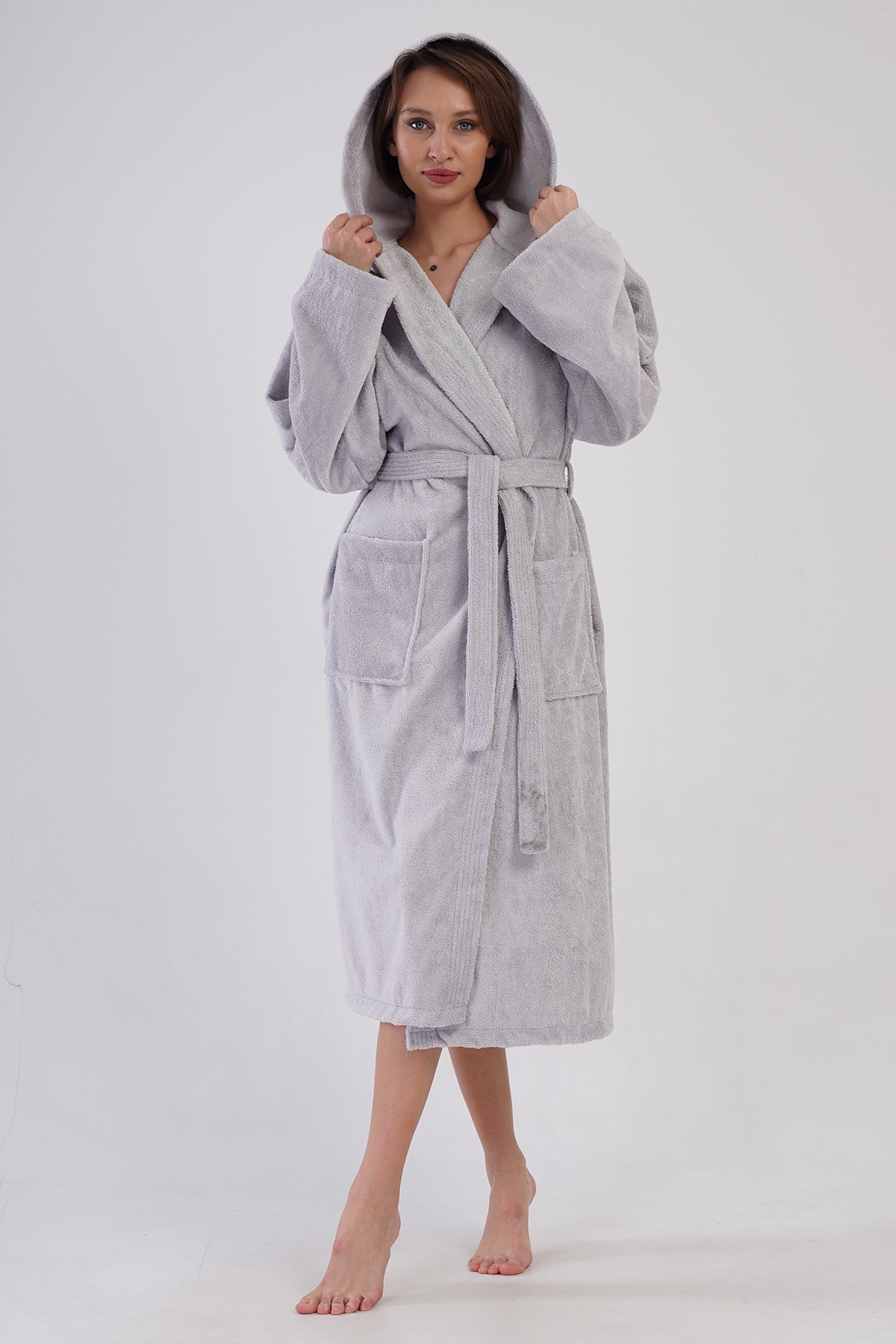 Woman Bukle Light Gray Hoodie Detail Bathrobe