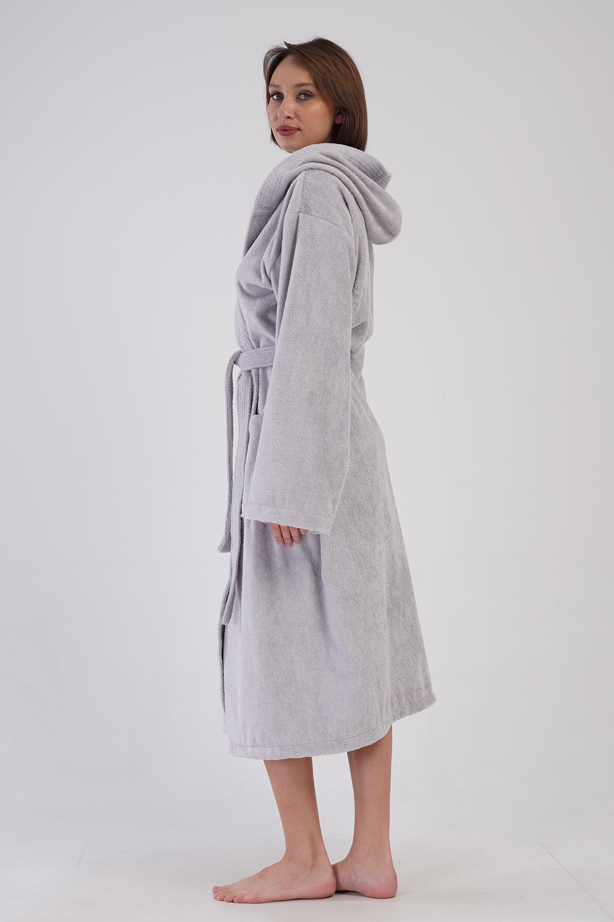 Woman Bukle Light Gray Hoodie Detail Bathrobe