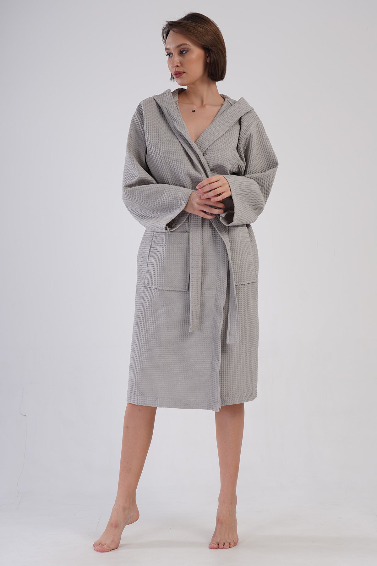Woman Waffle Thin Hoodie Detail Bathrobe