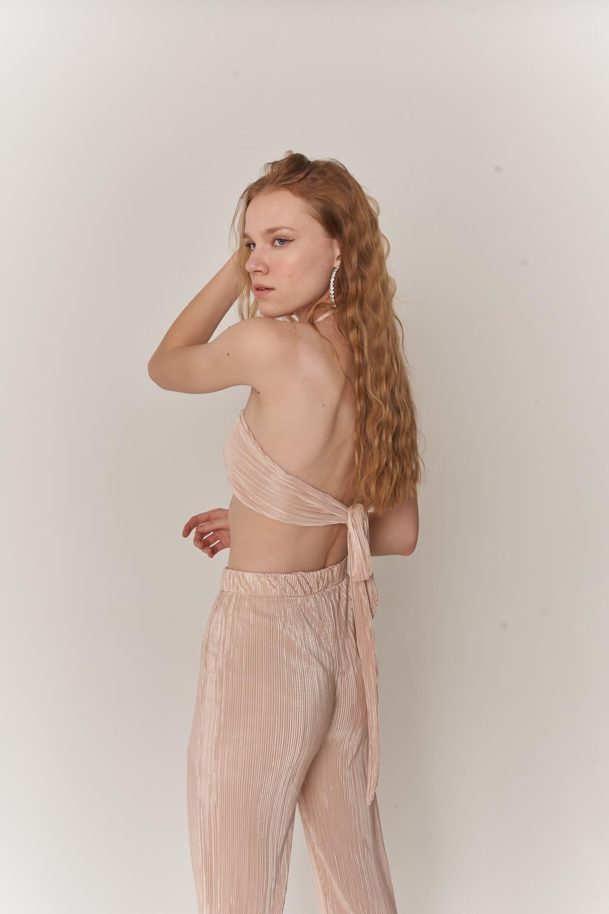 Kadın Bej Crop Bağlamalı Cardy Bluz