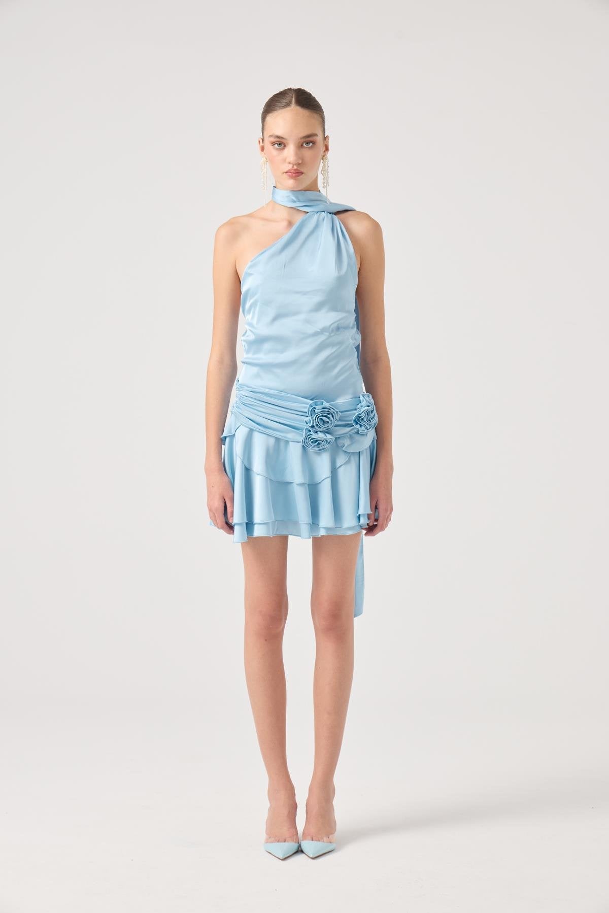 Kemerli Mini Saten Giana Elbise Mavi