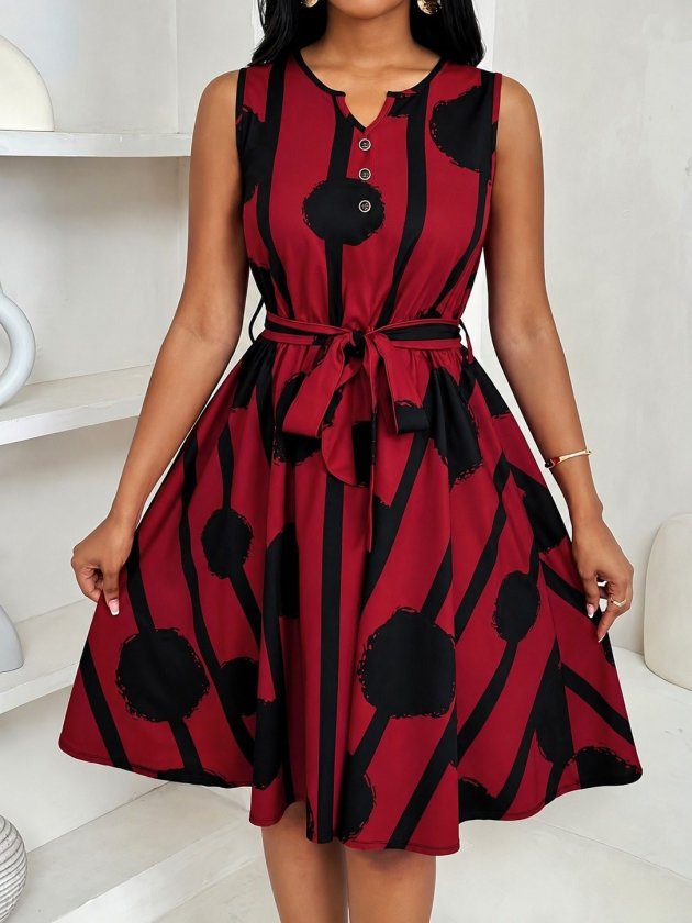 Women’s Sleeveless V-Neck Patterned Short Jersey Dress with a Tie Waist