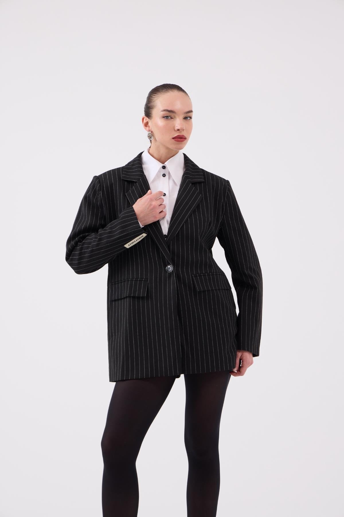 Oversize Kesim Çizgili Strip Blazer Ceket Siyah