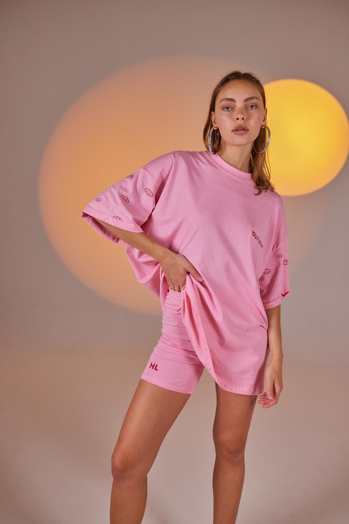 Göz Baskılı Oversize Eye Tshirt Bike Tayt Takım Pembe