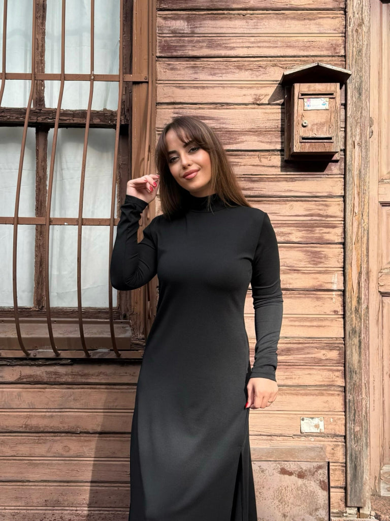 Kadın Uzun Kollu Balıkçı Yaka Derin Yırtmaç Detay Modal Elbise , 32165