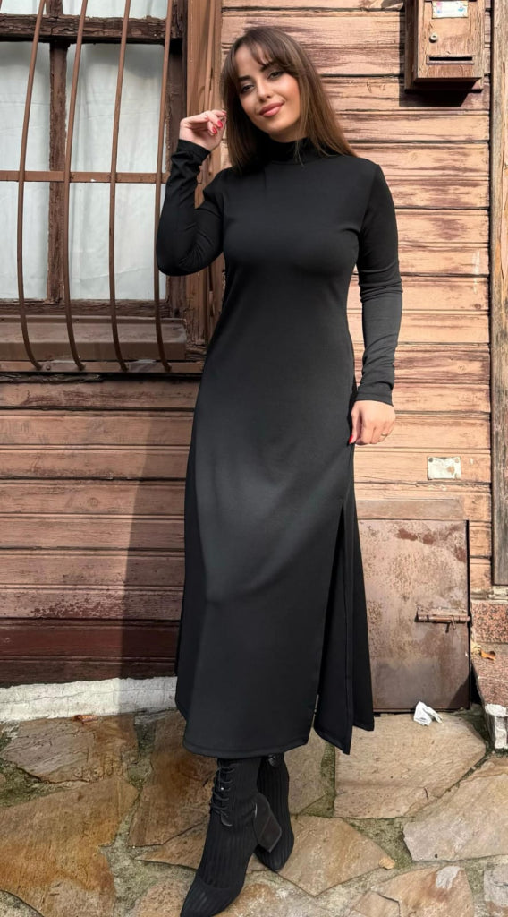 Kadın Uzun Kollu Balıkçı Yaka Derin Yırtmaç Detay Modal Elbise , 32165