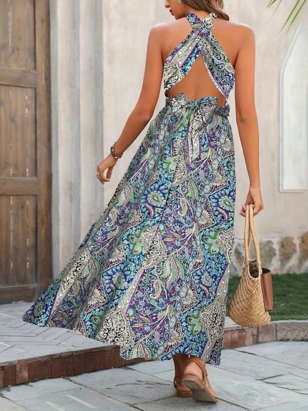 Kadın Omuzlardan Açık Yakadan çapraz Geçme Detaylı Yırtmaçlı Desenli Uzun Süprem Elbise