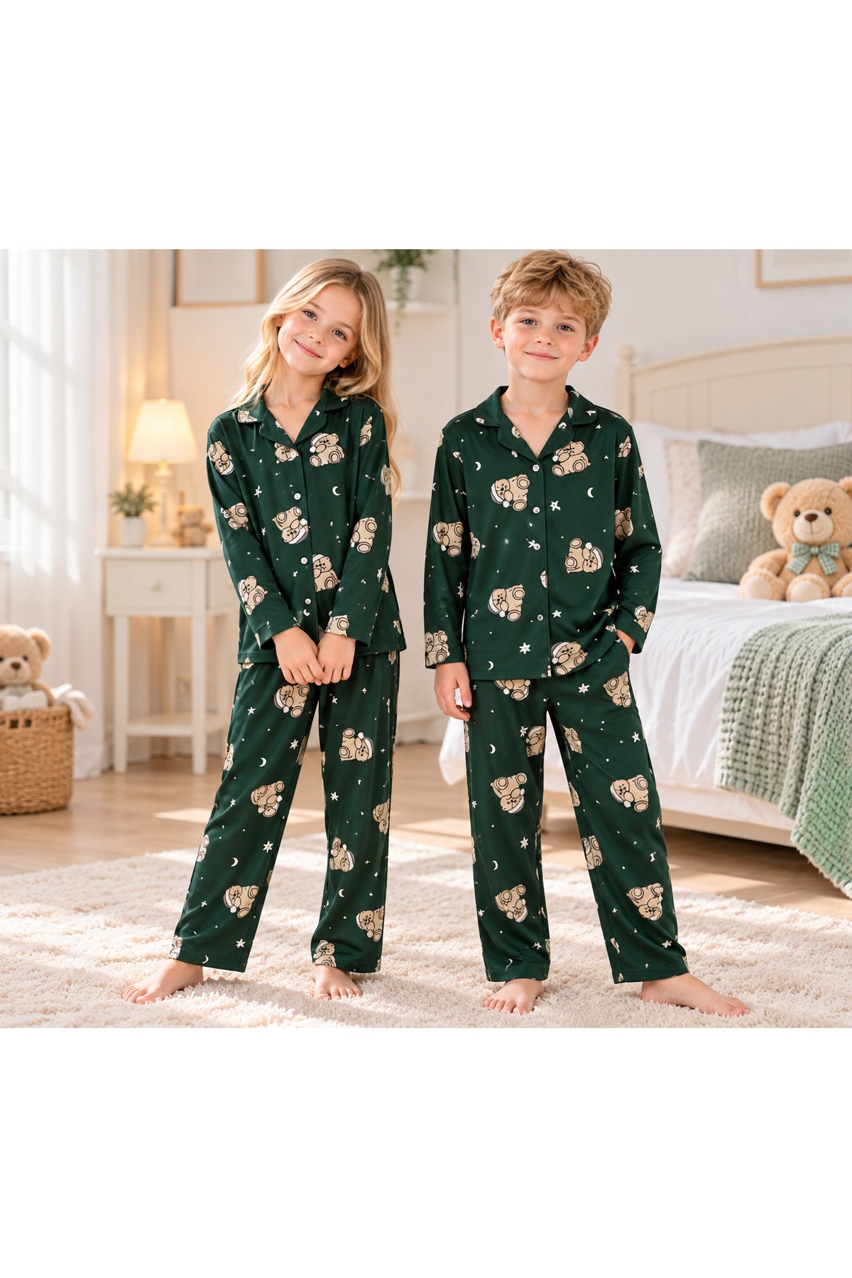 Kız ve erkek çocuk unisex model uzun kollu düğmeli süet pijama takımı