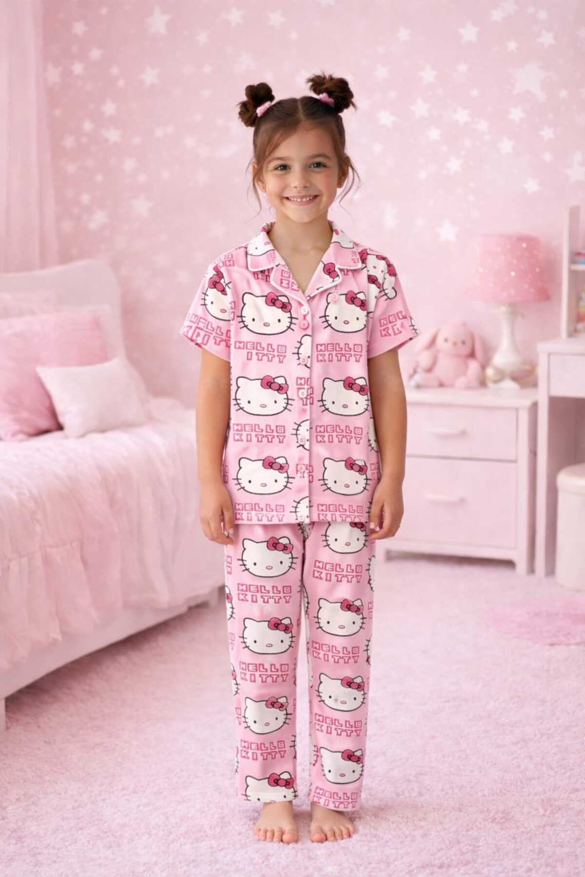 Kız çocuk düğmeli gömlek yaka yazlık kısa kollu pijama takımı