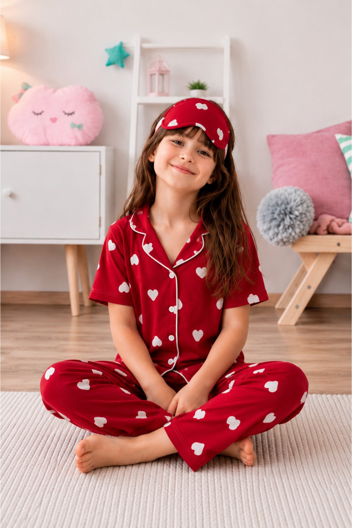 Kız çocuk pamuklu yumuşak kalp desenli yazlık kısa kollu pijama takımı