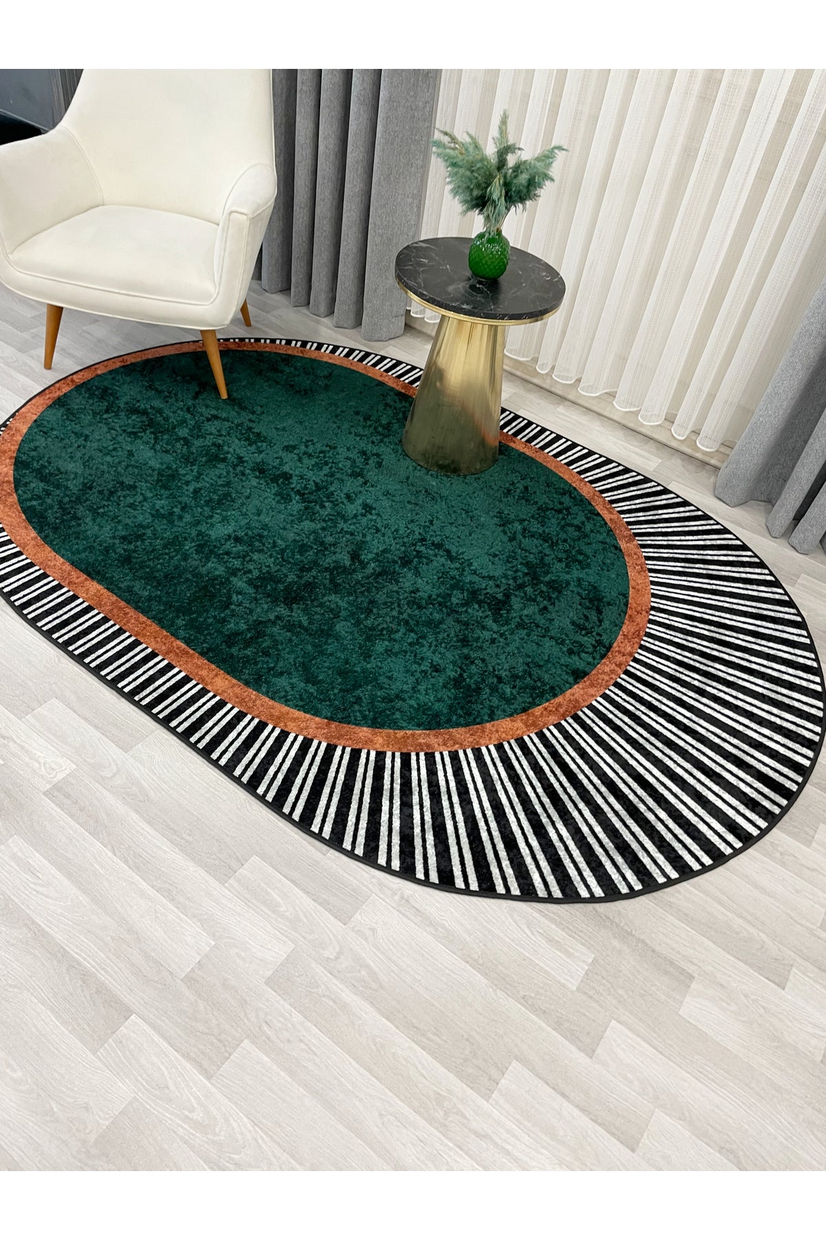 YEŞİL Renk Çizgili Oval Kaymaz Taban Halı