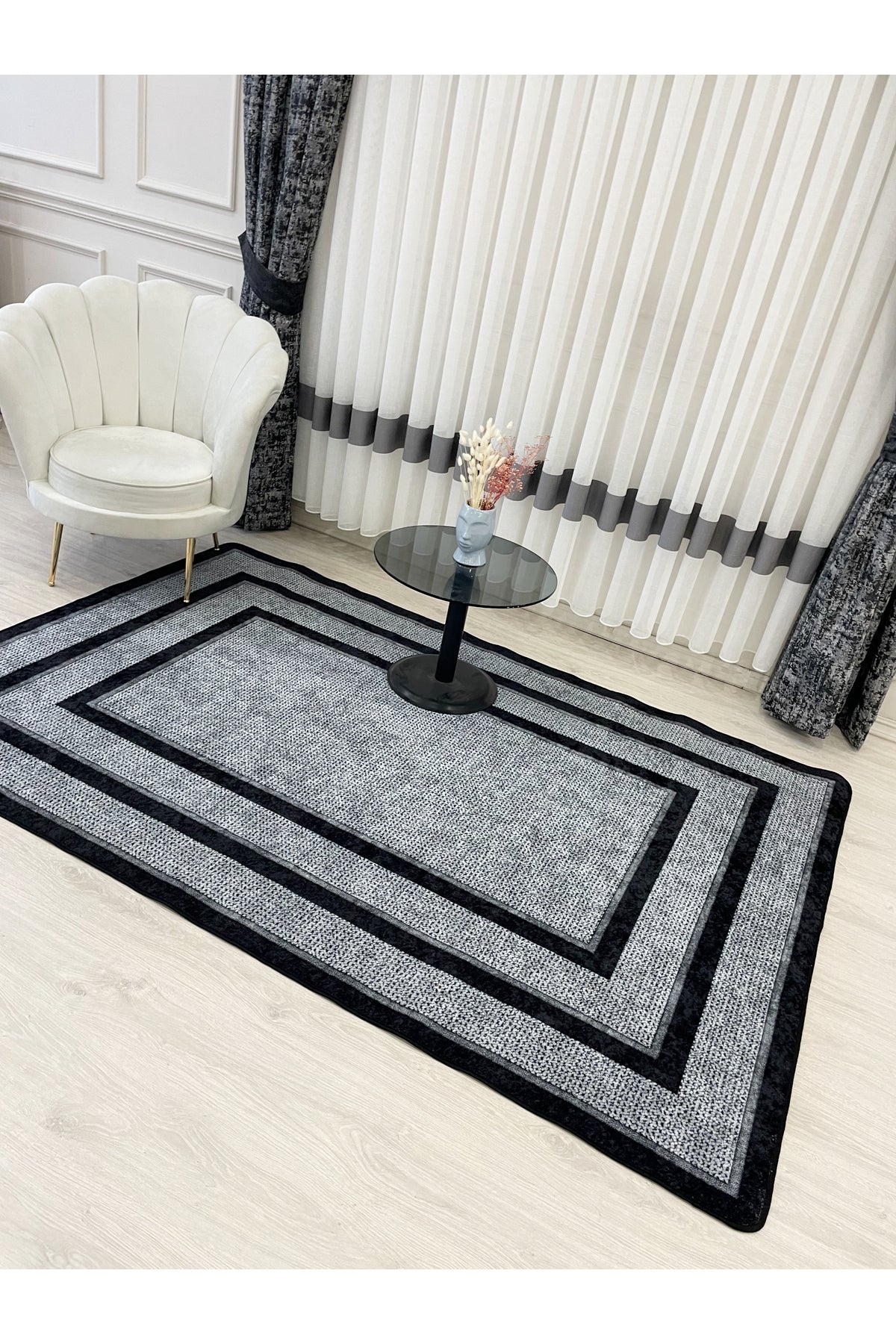 Kahve - Siyah - Hasır Jüt Sisal Bordürlü Görünümlü Dekoratif Halı