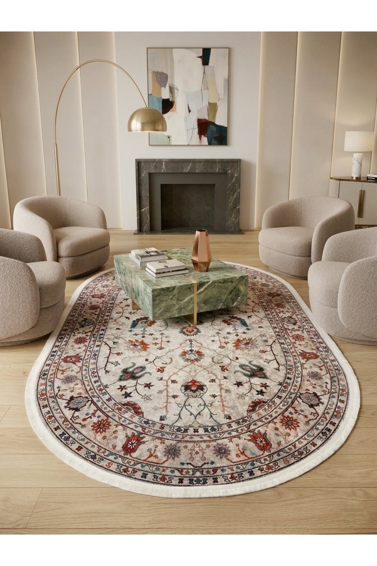 Gri Renk Vintage Çiçekli Oval Lateks Kaymaz Taban Halı