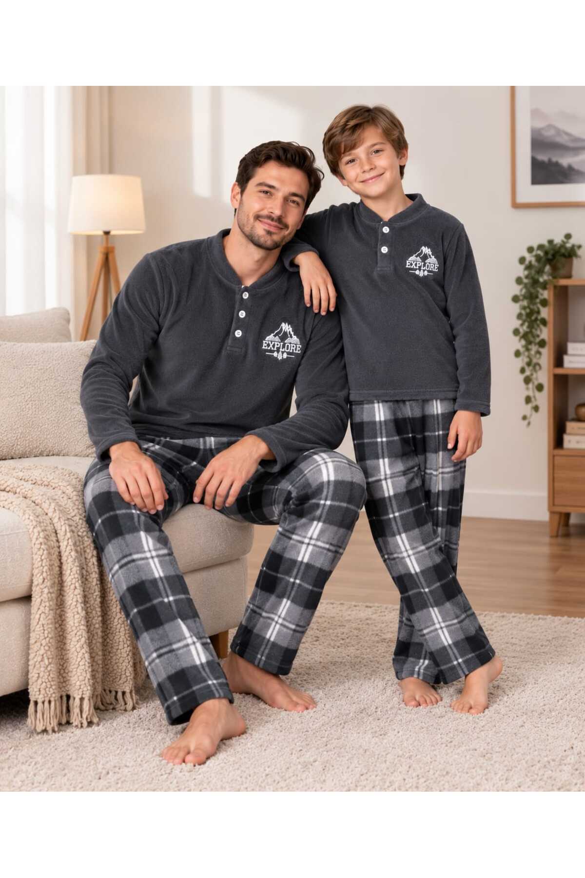 Baba ve erkek çocuk kombin gri renk uzun kollu polar kışlık pijama takımı (tek takım fiyatıdır)
