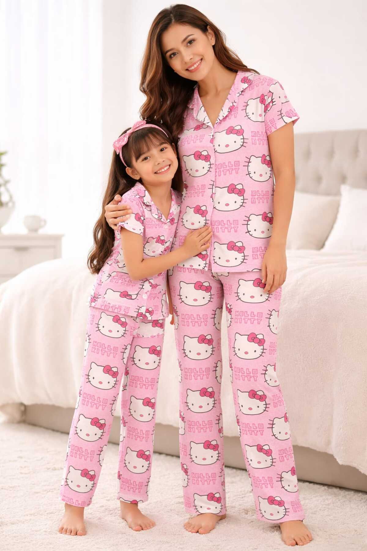 Anne kız pamuklu düğmeli gömlek yaka yazlık kısa kollu pijama takımı