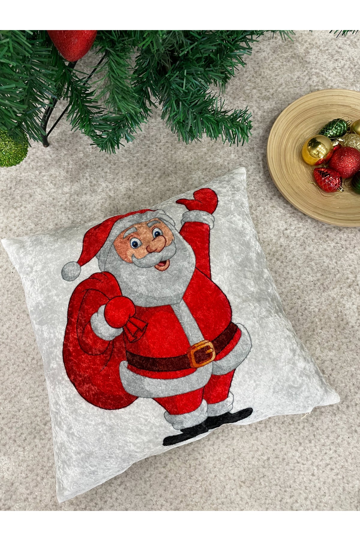 Noel Baba Desen Kadife Kırlent Yastık Kılıfı (AÇIK GRİ)