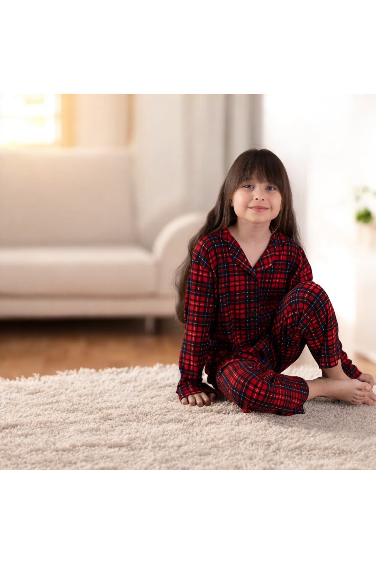 Kız çocuk düğmeli gömlek yaka süet uzun kollu pijama takımı