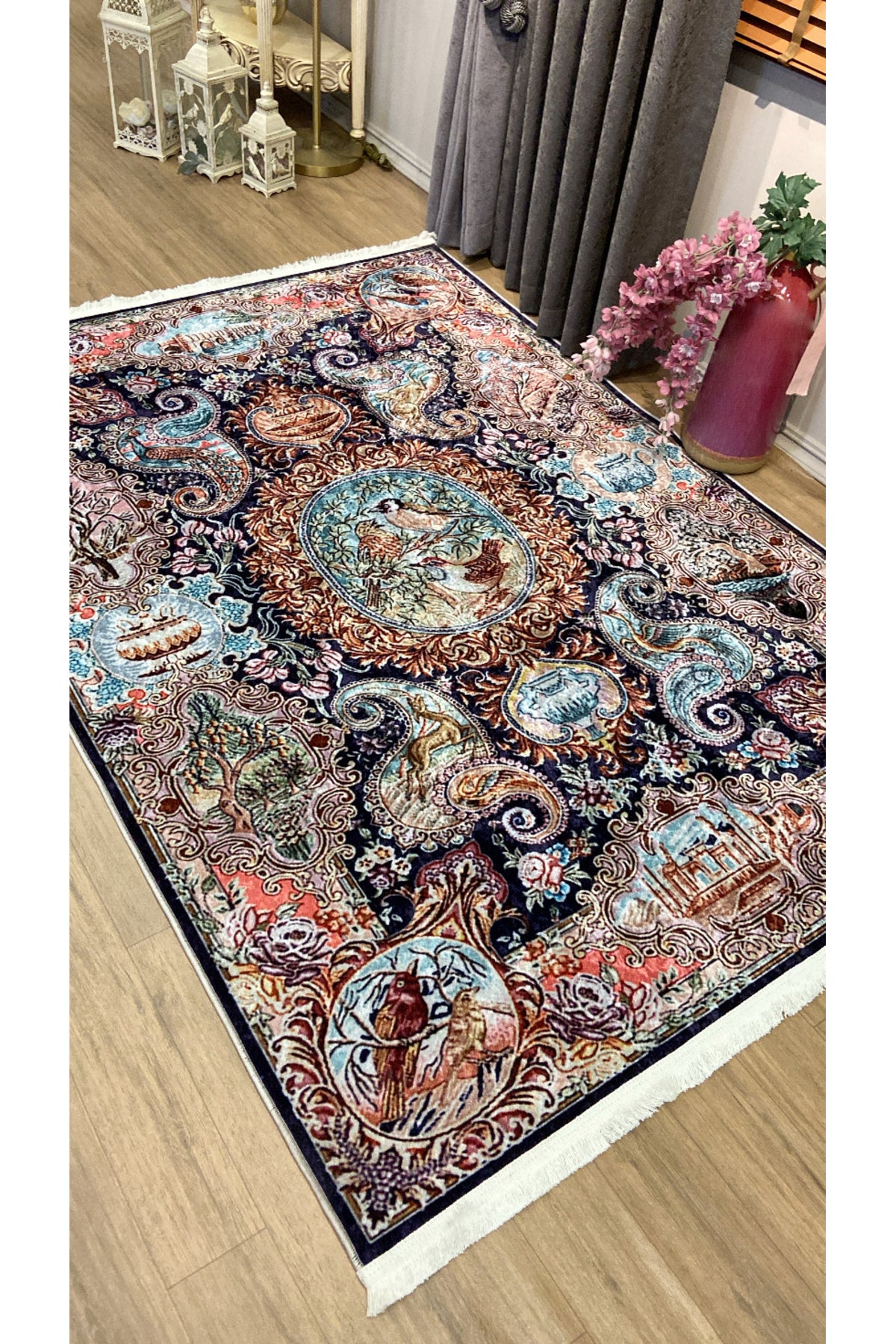 Kuş Motifli Klasik Desen Saçaklı Lateks Taban Halı