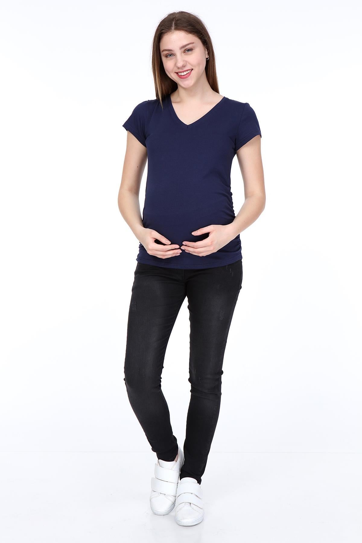 3158-v Yaka Kısa Kol Hamile T-Shirt