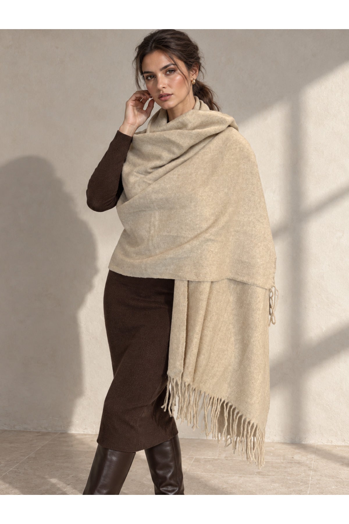 Camel Püsküllü Kaşmir Atkı Şal 70x185 cm SAL1337