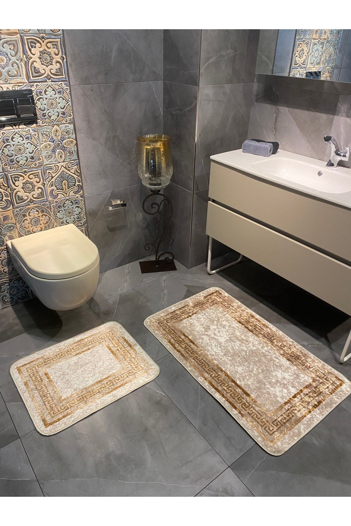 Bordürlü Desenli 2'li Lateks Deri Taban Banyo Paspas Takımı (60X100 - 60X50) Siyah