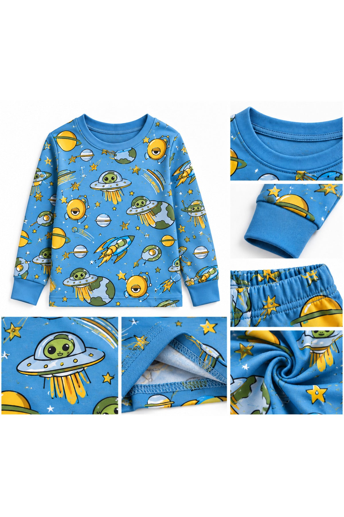 Erkek çocuk %100 pamuklu elmas kids mavi uzay gezegen desenli uzun kollu pijama takımı