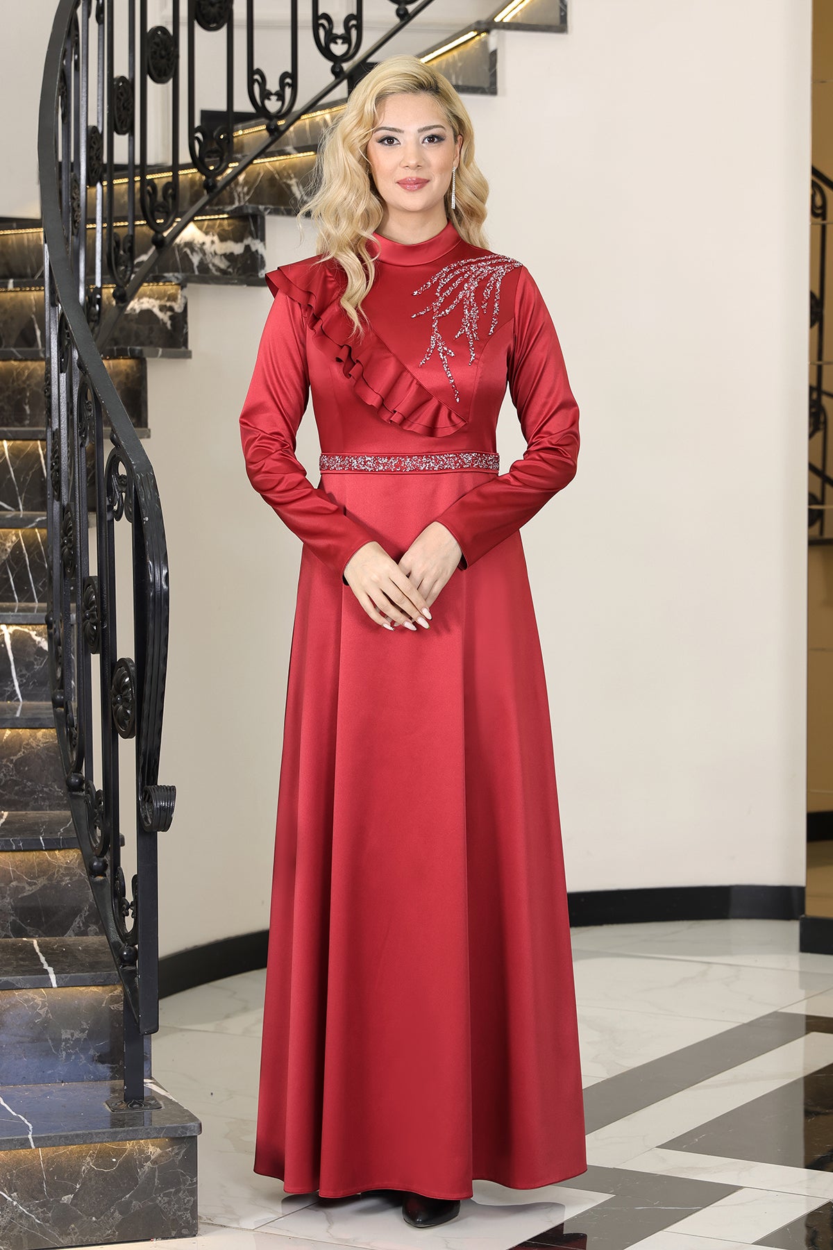 Saten Tesettür Abiye Elbise & Ada & Omuzda Valon ve Taş Detaylı