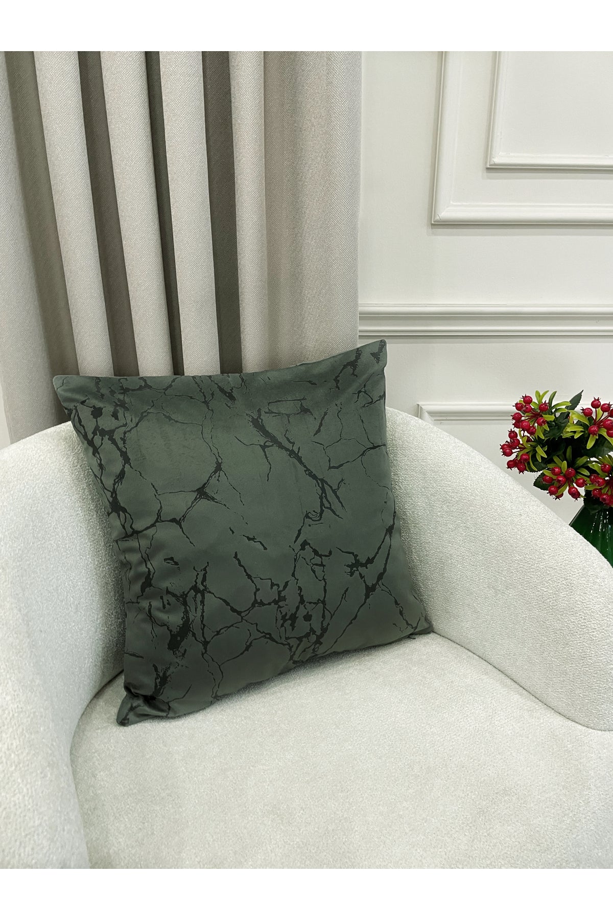 2'li Kadife Kırlent Yastık Kılıfı TaşGri-Kahve Varaklı (45X45)